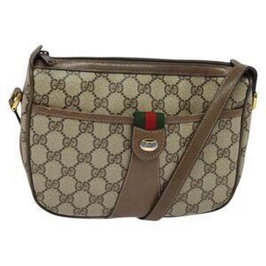 Authentic GUCCI GG Supreme Web Sherry Line Shoulder Bag PVC Beige Gold Red